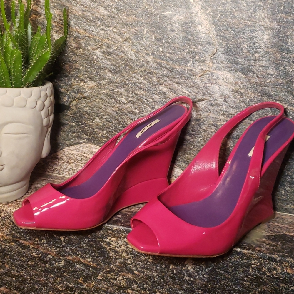 Miu Miu Hot Pink Patent Peep-Toe Wedge Slingbacks